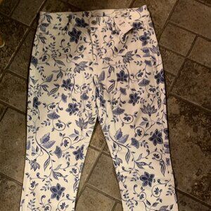 NWT $89 J.Jill authentic fit floral cropped fringe hem jeans 10 TALL